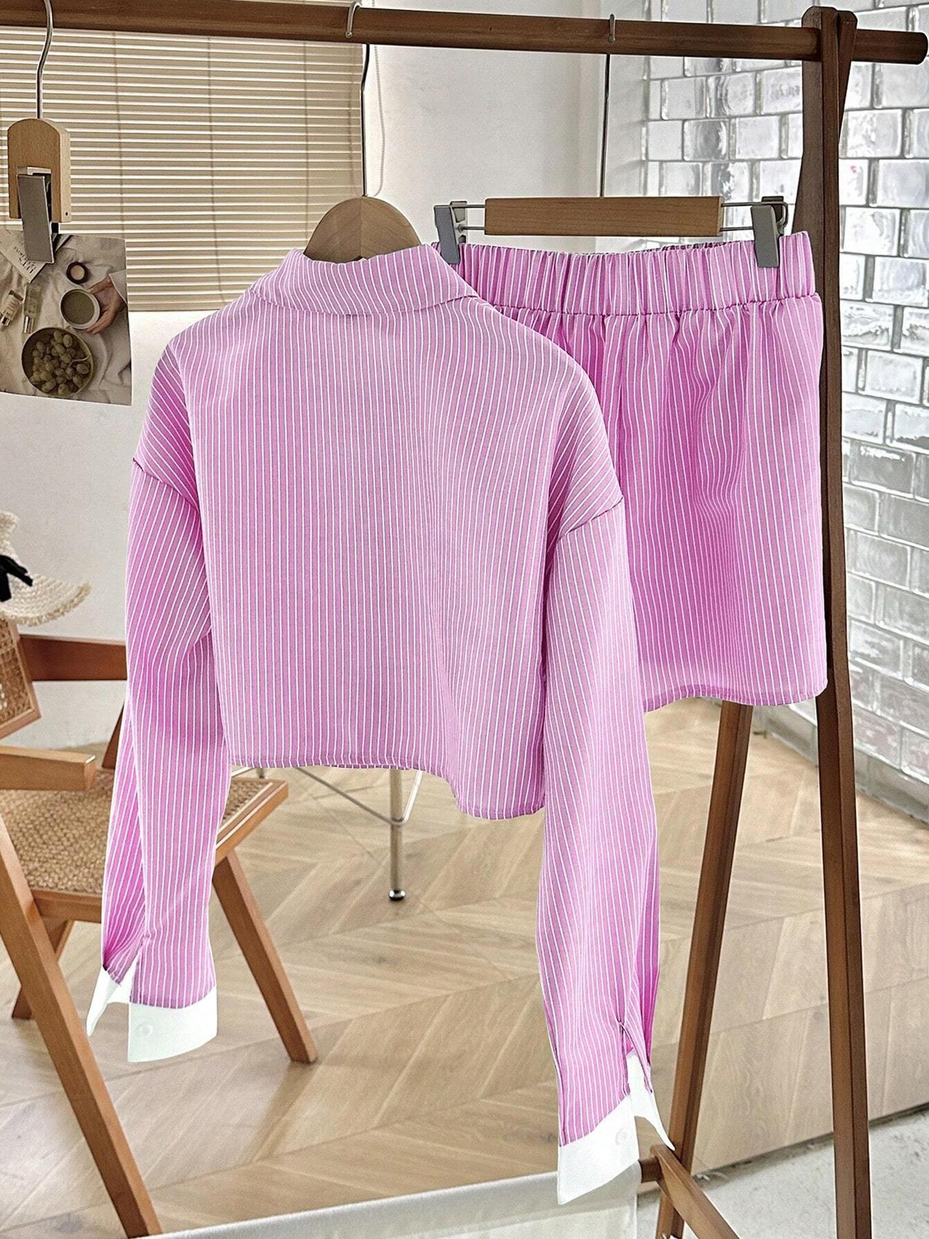 Women's Striped Print Button Front Shirt & Shorts Two-Piece Set  (Buy 2 Free Shipping)