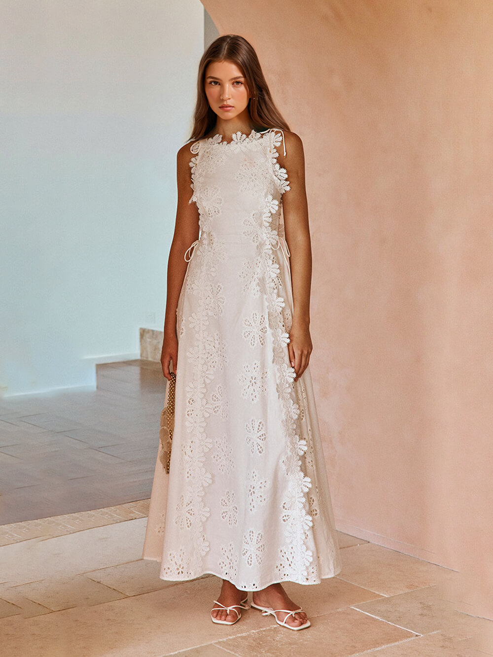 Delicate Lace Hook And Lace Up Sides Maxi Dress （Buy 2 Free Shipping)