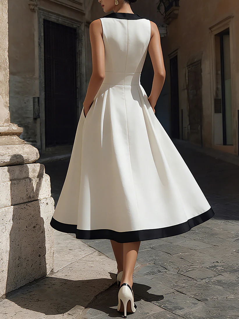 Elegant Color Block V Neck Midi Dress