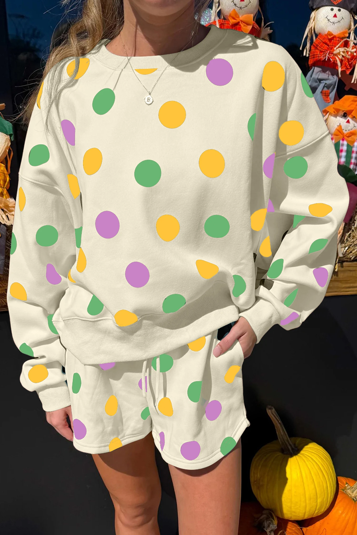 Polka Dot Print Drop Shoulder Pullover Drawstring Shorts Set（Buy 2 Free Shipping)
