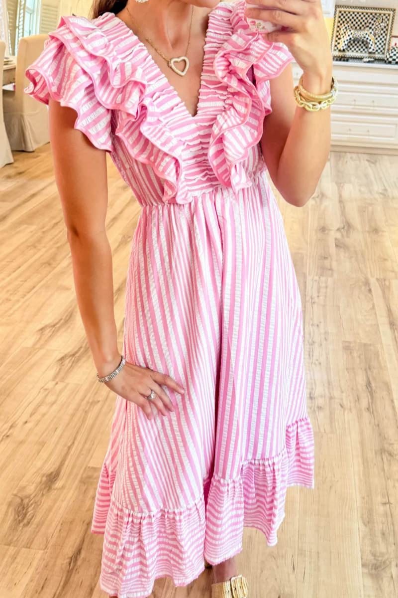 Striped Ruffle Maxi Dress （Buy 2 Free Shipping)