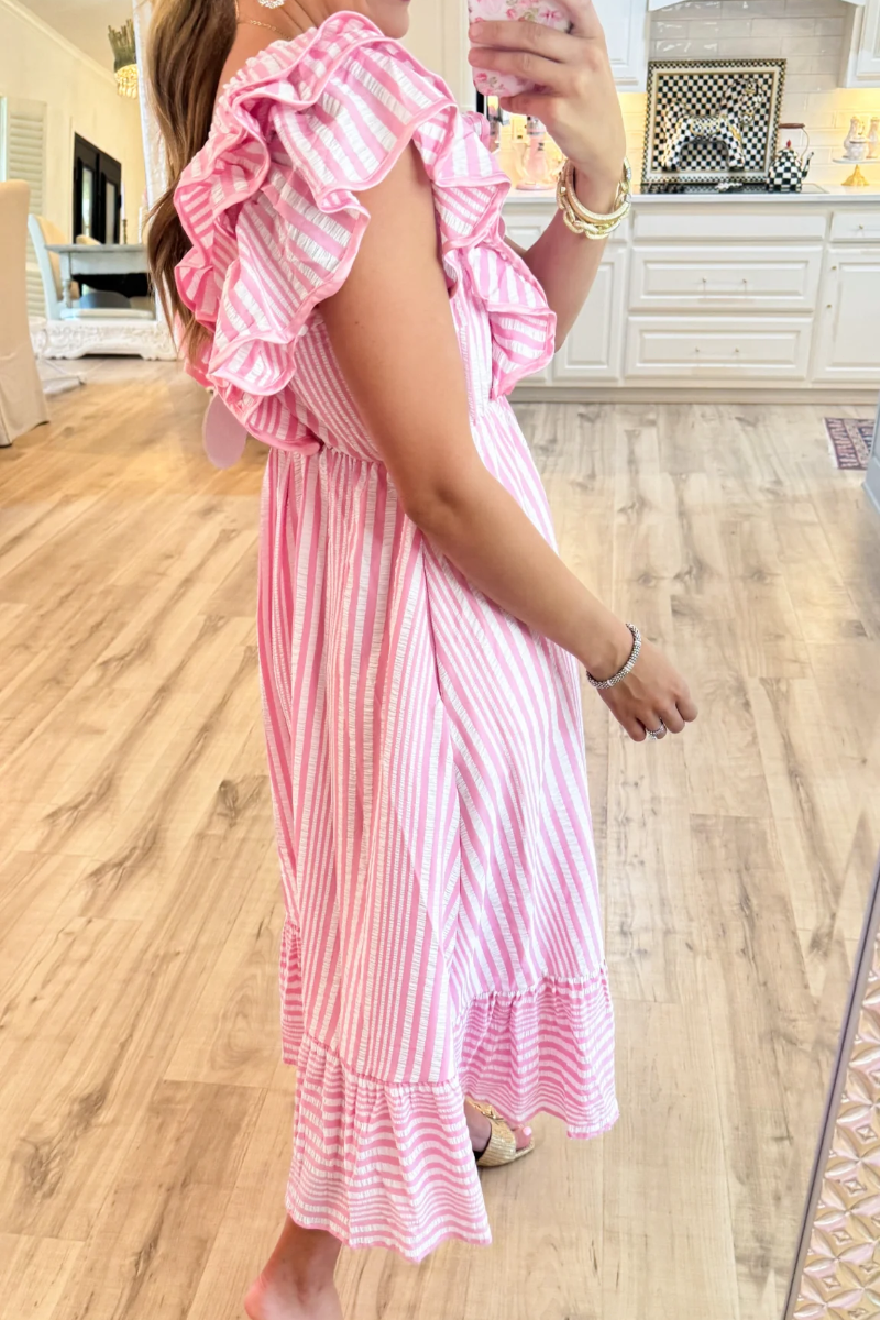 Striped Ruffle Maxi Dress （Buy 2 Free Shipping)