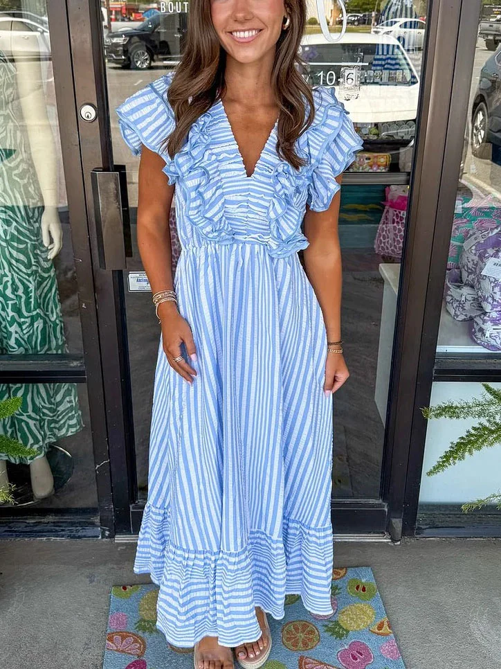 Striped Ruffle Maxi Dress （Buy 2 Free Shipping)