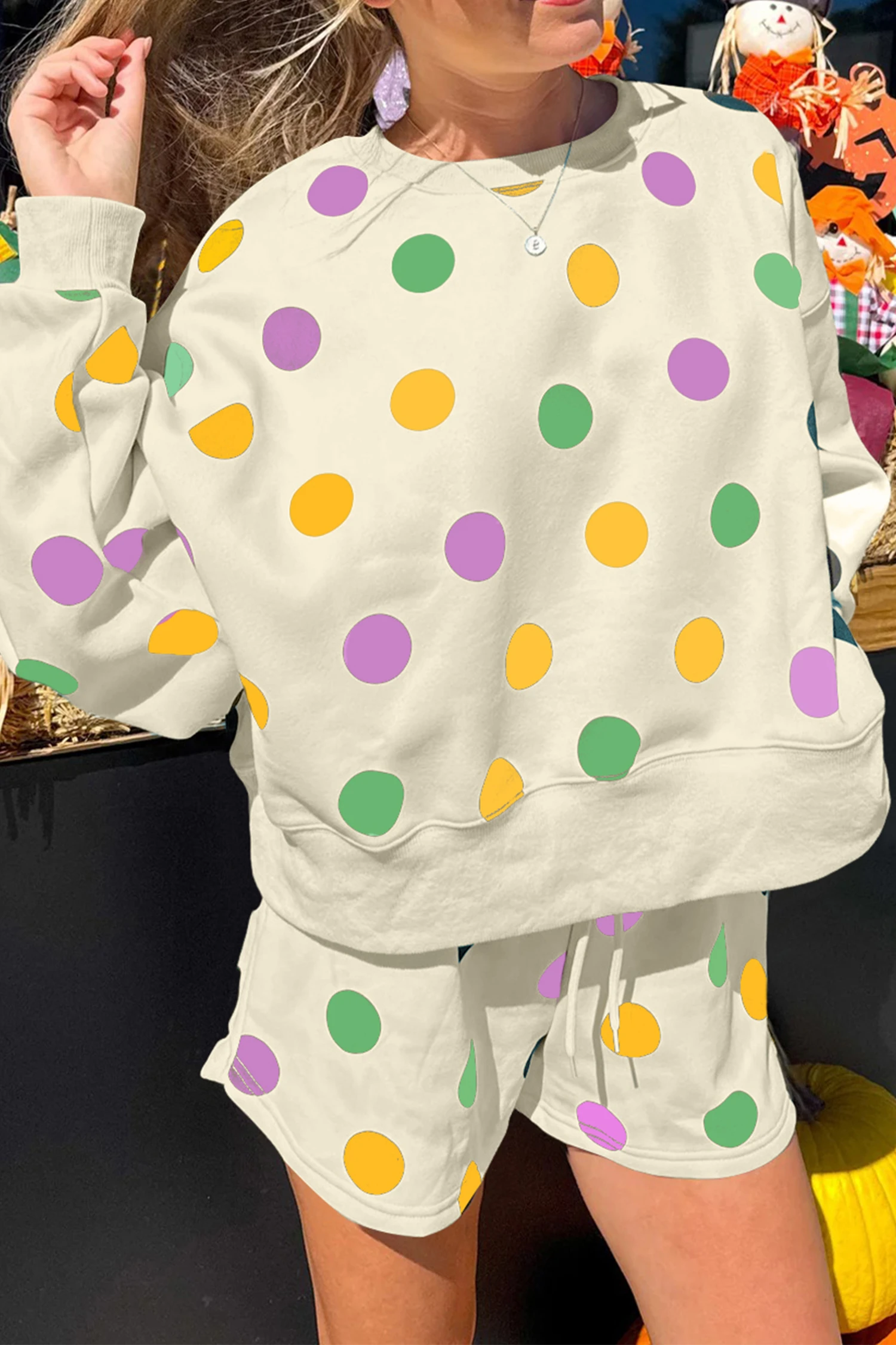 Polka Dot Print Drop Shoulder Pullover Drawstring Shorts Set（Buy 2 Free Shipping)