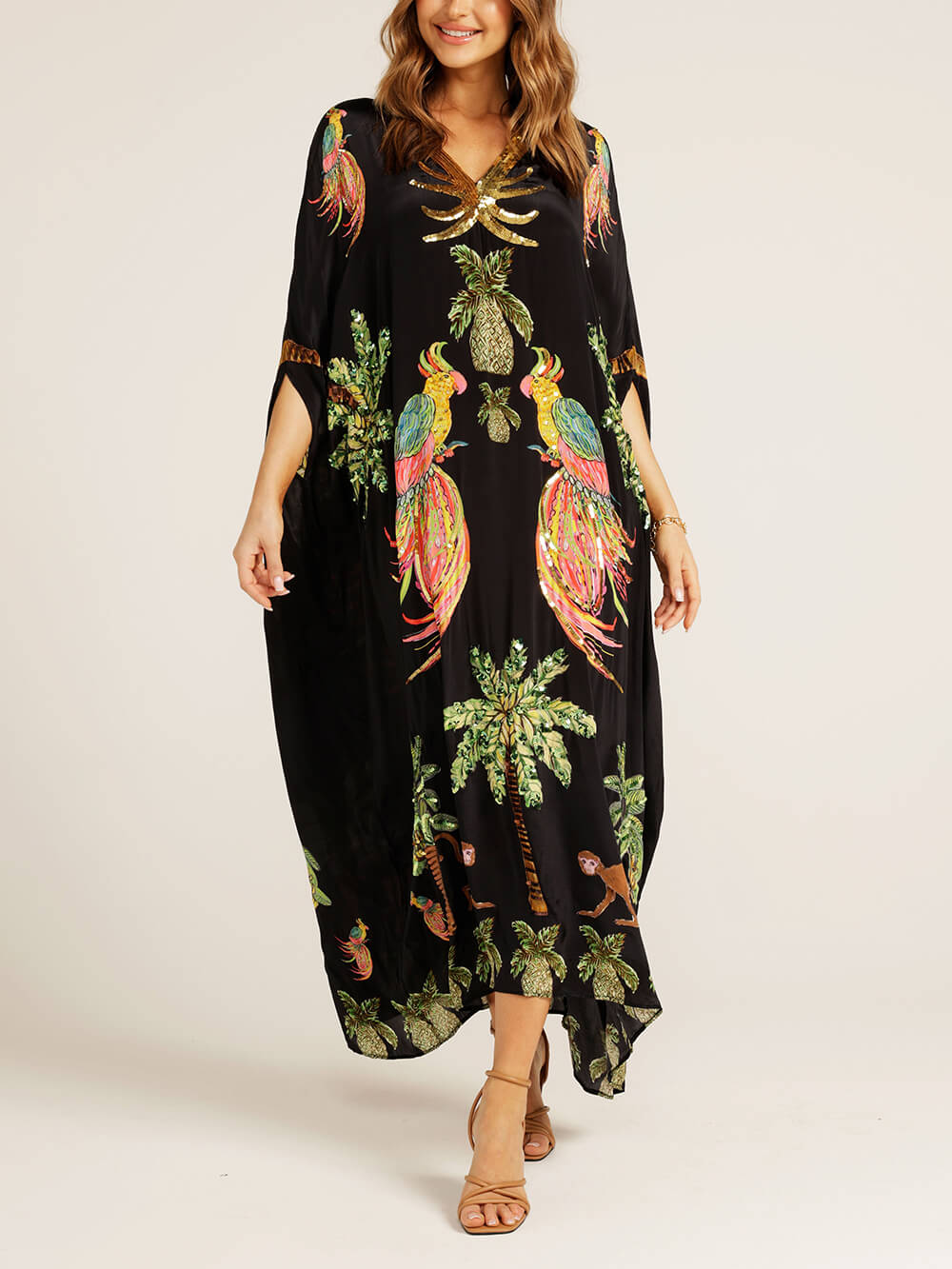 lusailstore - dropped sleeve coconut tree print dress （Buy 2 Free Shipping)