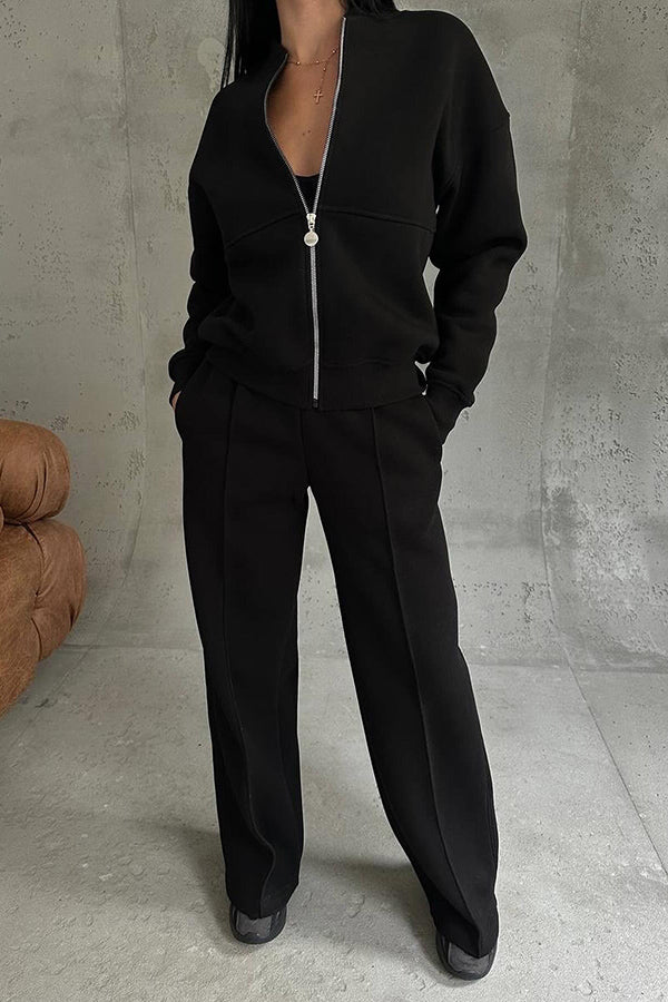 Solid Color Casual Long Sleeve Zipper Jacket and Elastic Waist Pocket Wide Leg Pants Set （Buy 2 Free Shipping)
