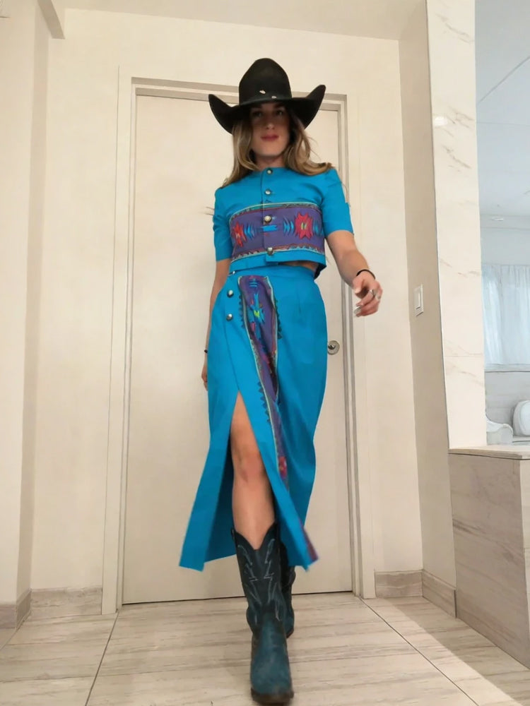 Turquoise Aztec Western Crop Top & Skirt Set