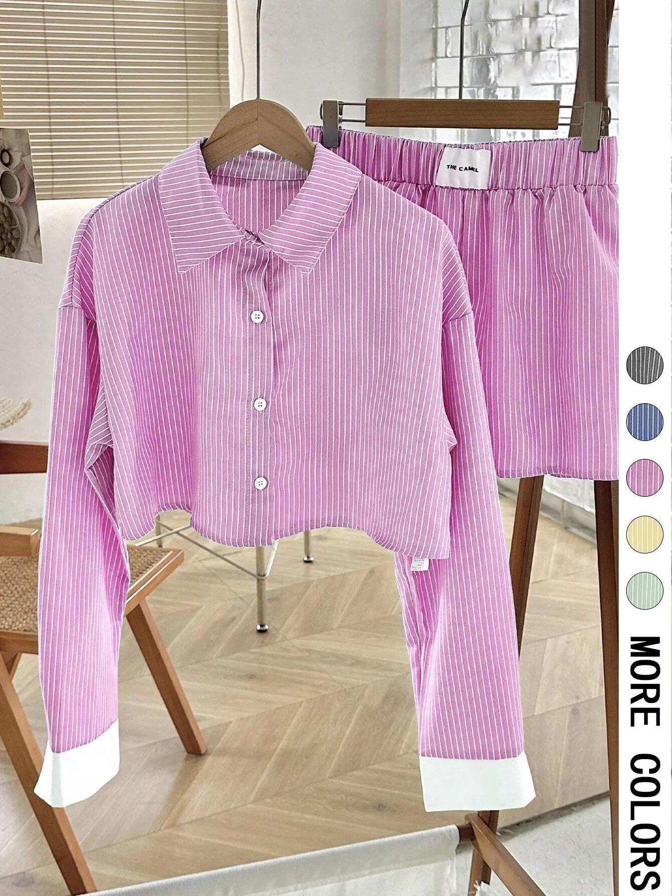 Women's Striped Print Button Front Shirt & Shorts Two-Piece Set  (Buy 2 Free Shipping)