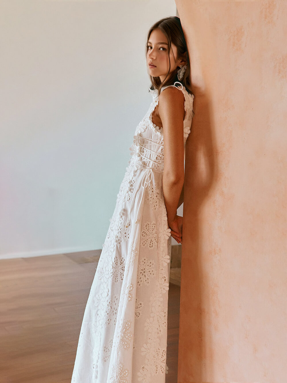 Delicate Lace Hook And Lace Up Sides Maxi Dress （Buy 2 Free Shipping)