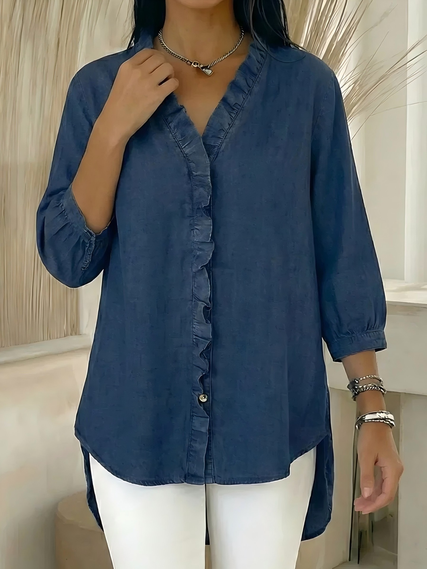 Women's Casual Denim V-Neck Ruffled Shirt(Buy 2 Free Shipping)