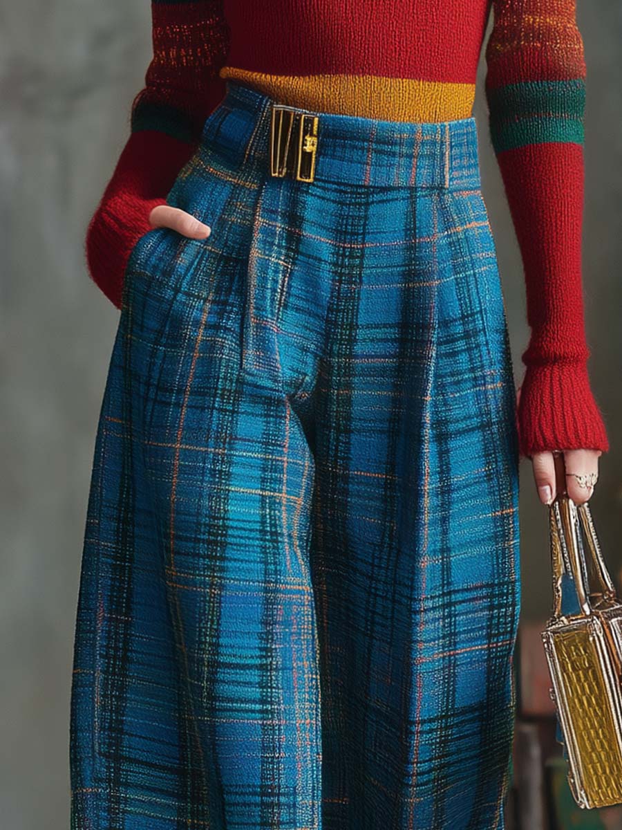 Vintage Fashion Versatile Blue Plaid Wide-leg Pants（Buy 2 Free Shipping)