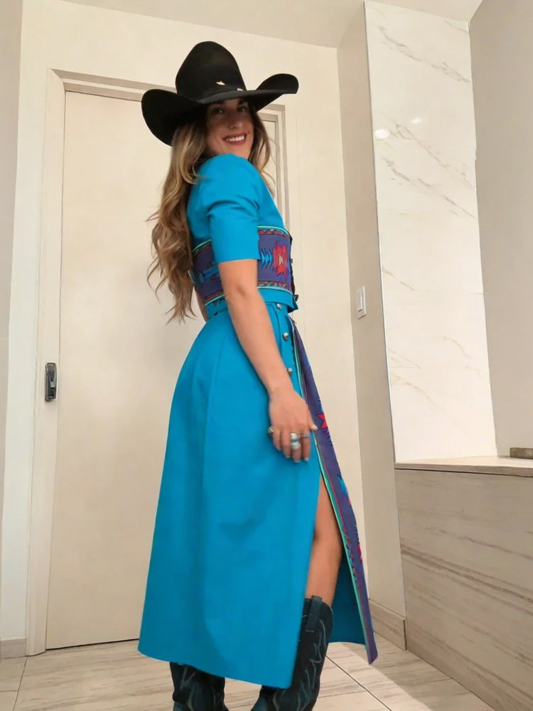 Turquoise Aztec Western Crop Top & Skirt Set