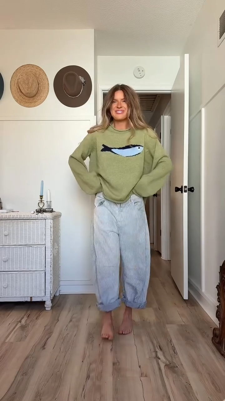 Olive Knit Fisherman Sweater and Blue Striped Pants  Set (Buy 2 Free Shipping)