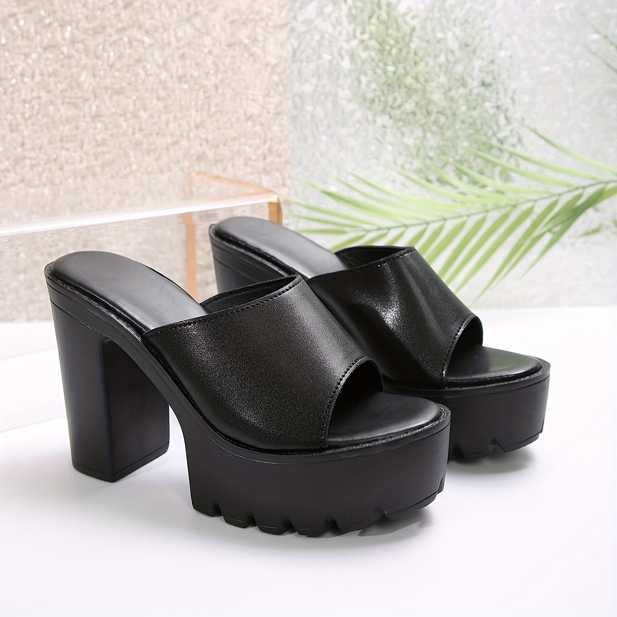 Women's New Spring/Summer Black Single-Strap Platform Chunky Heel Solid Color High Heel Sandals