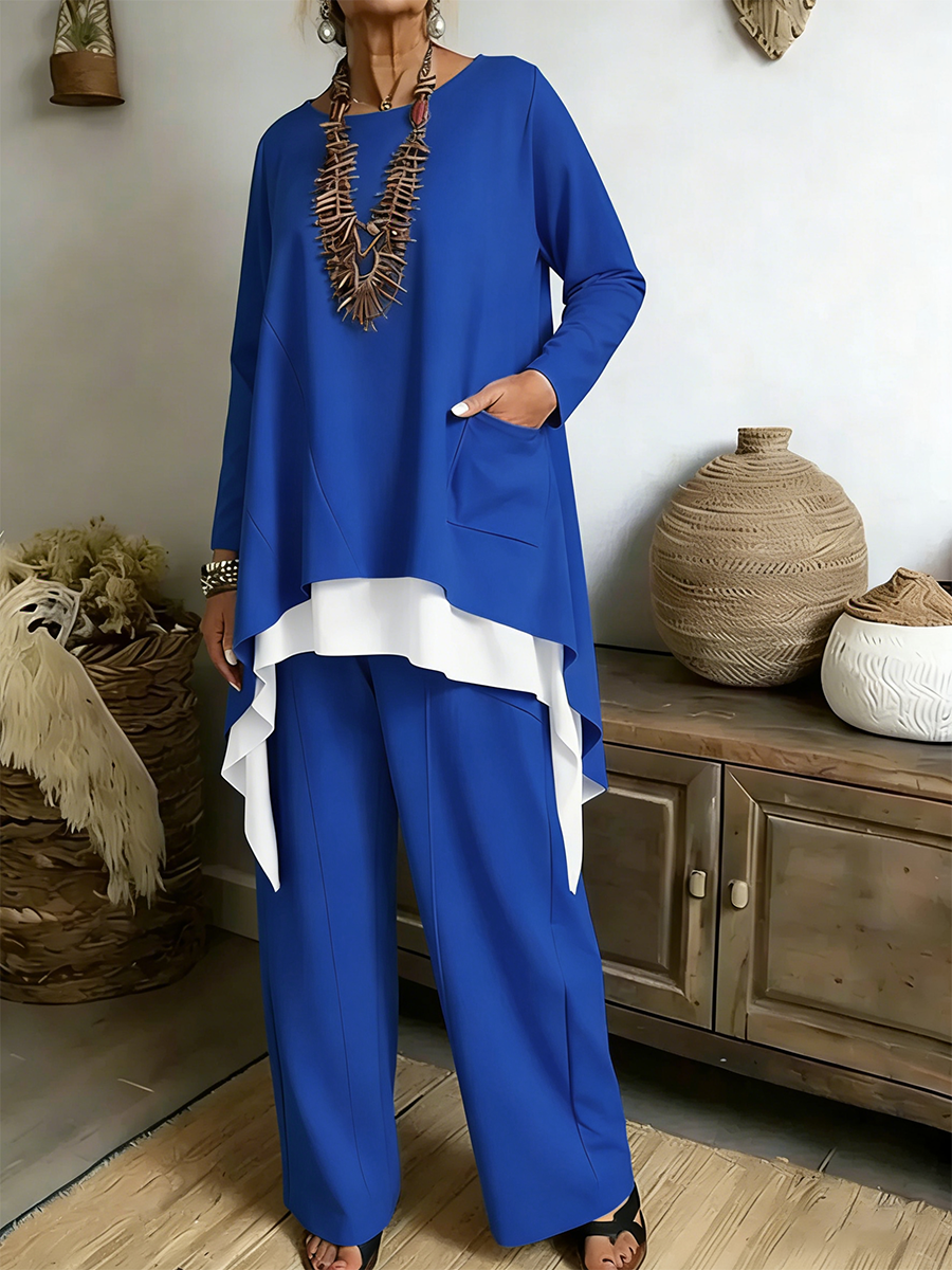 Women's Casual Asymmetrical Hem Cotton Top And Pants Two-piece Set