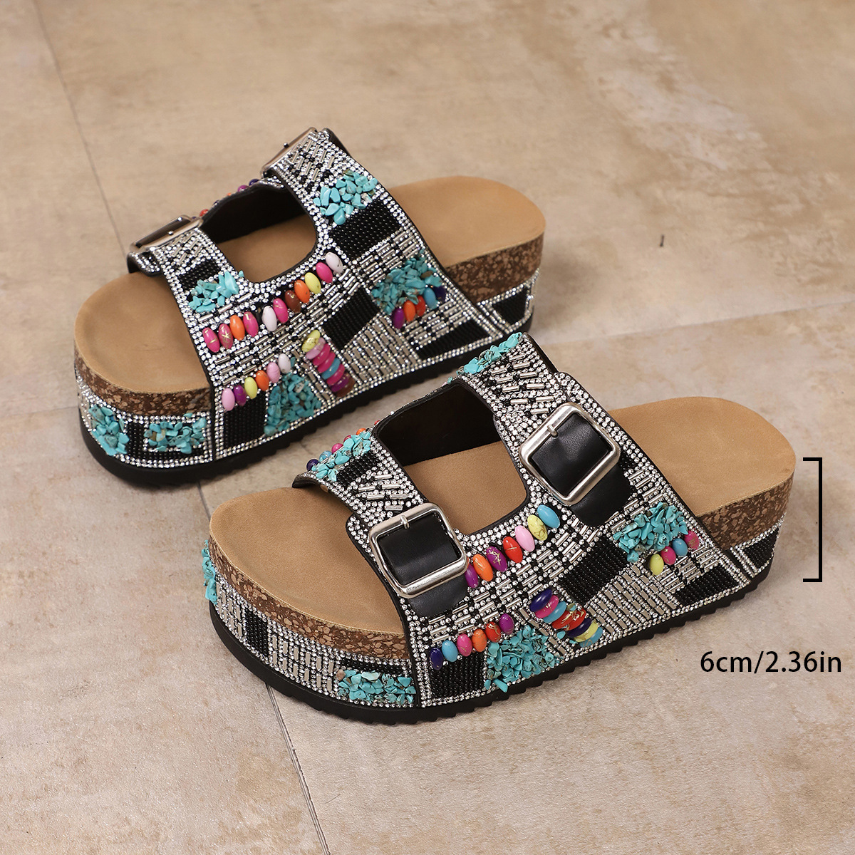 2026 New Arrival Women's Summer Fashion Height Incr Bohemian Style Platform Slides Thick Sole Sandals  Strappy with Metal Buckle Studs Decorated