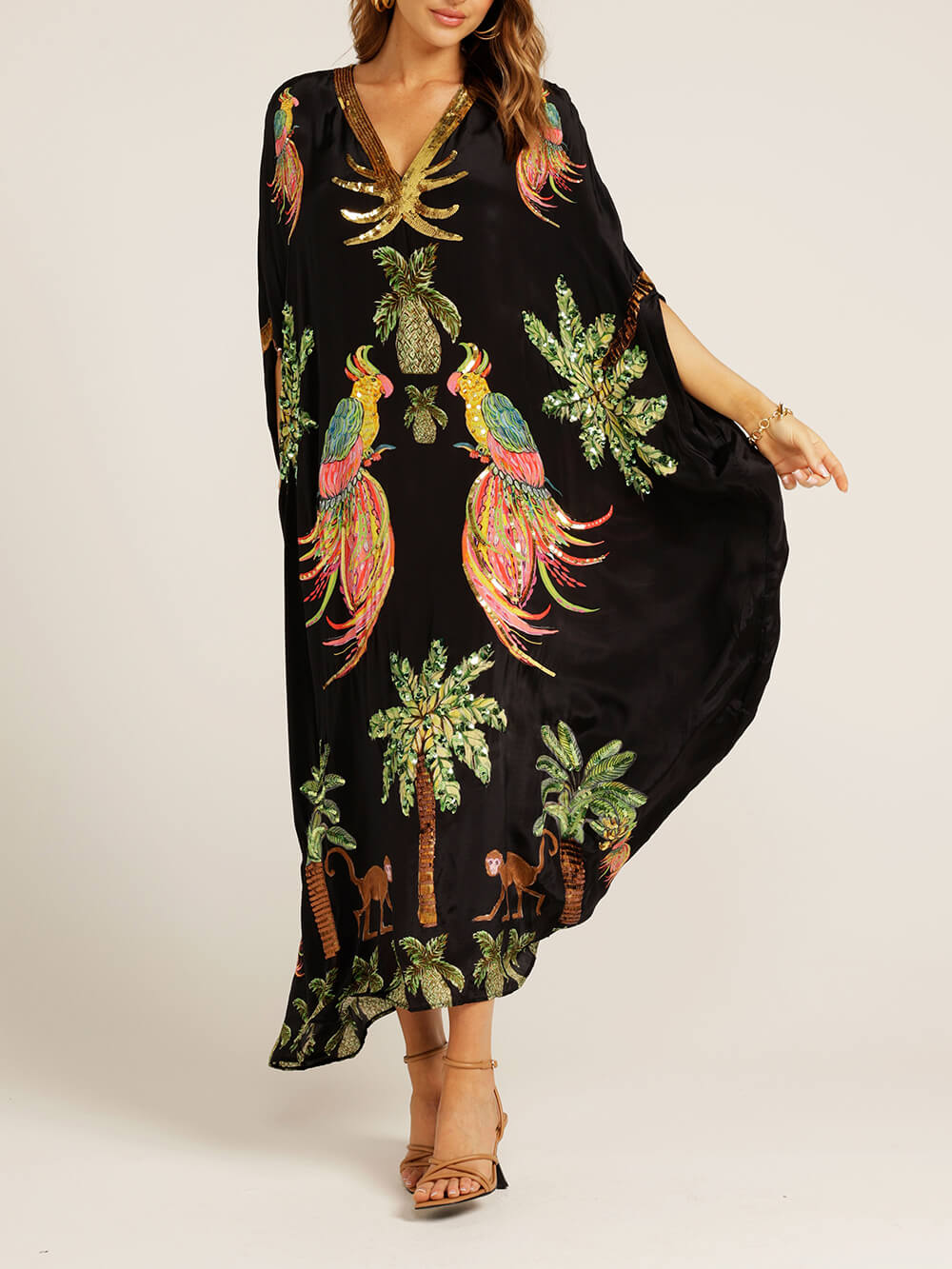 lusailstore - dropped sleeve coconut tree print dress （Buy 2 Free Shipping)