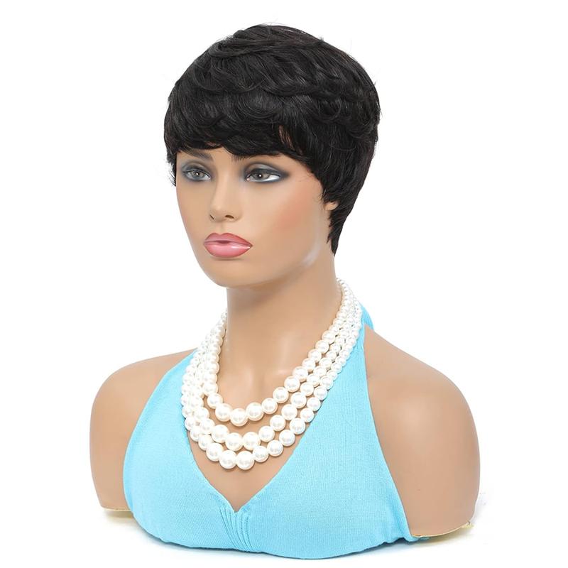 Ultra Comfort Throw On & Go Short Pixie Cut with Bangs 5 Inches Skin Friendly Cotton Cap 100% Real Human Hair Glueless Wig Glueless Wig Hair Loss Friendly Full Machine Made 22.5 Wig Cap  Brazilian Virgin Human Hair To Go Glueless Wig