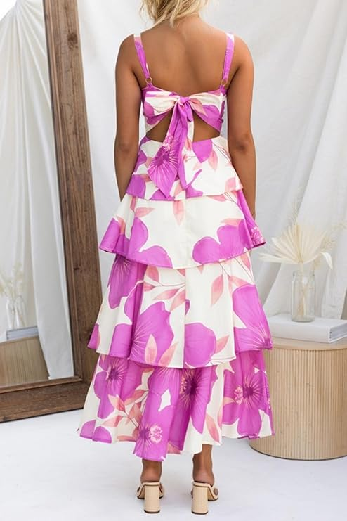 Womens Summer Floral Maxi Dresses Sleeveless Spaghetti Strap Tie Back Ruffle Tiered Flowy Dresses (Buy 2 Free Shipping)