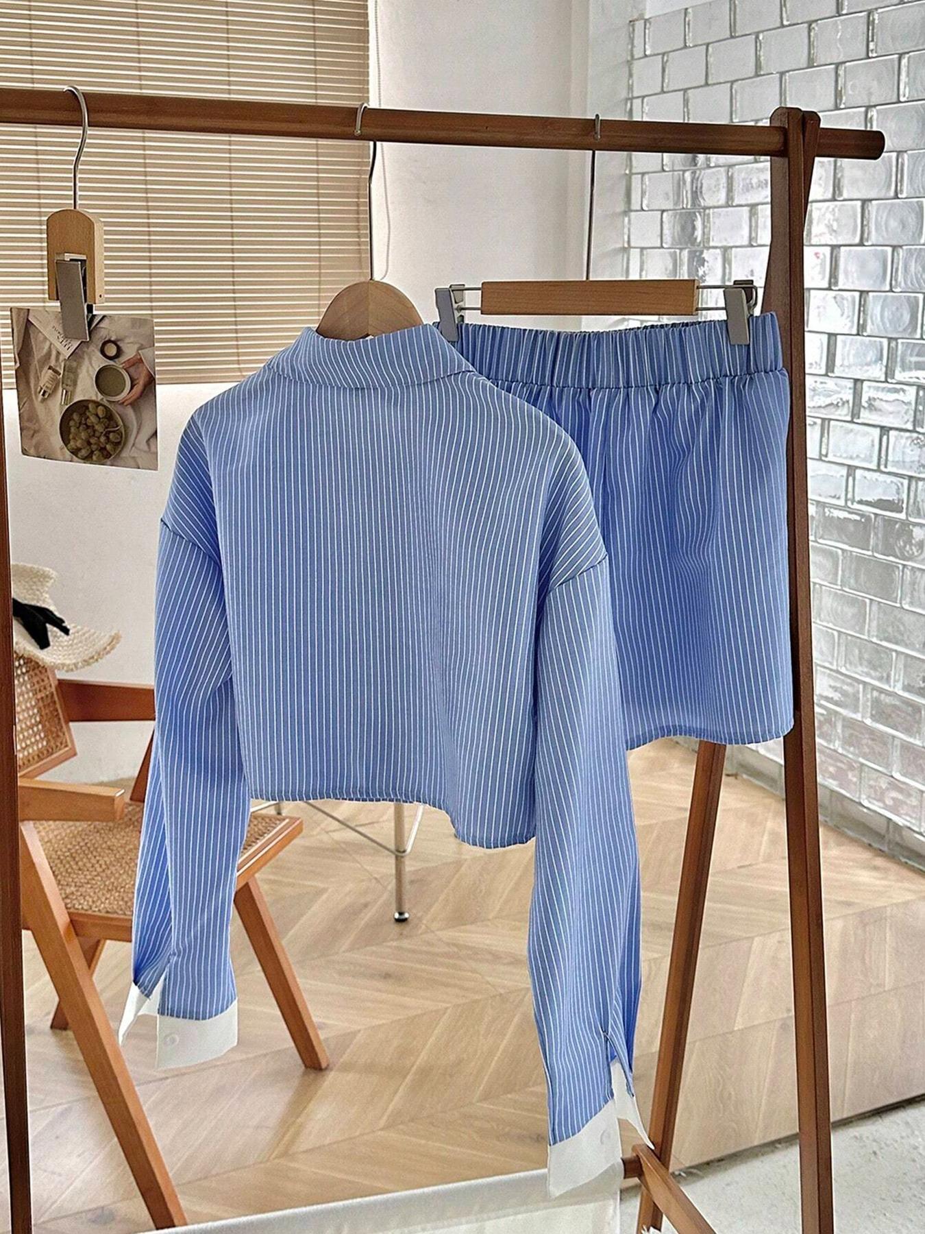 Women's Striped Print Button Front Shirt & Shorts Two-Piece Set  (Buy 2 Free Shipping)