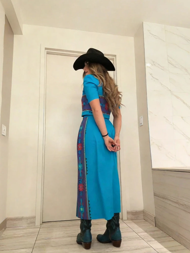 Turquoise Aztec Western Crop Top & Skirt Set