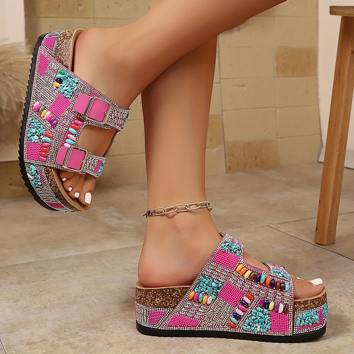 2026 New Arrival Women's Summer Fashion Height Incr Bohemian Style Platform Slides Thick Sole Sandals  Strappy with Metal Buckle Studs Decorated