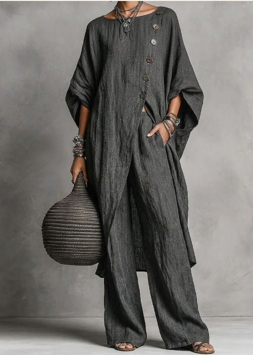 Women's Casual Two-piece Set: Side-slit Button-up Top And Loose-fit Pants