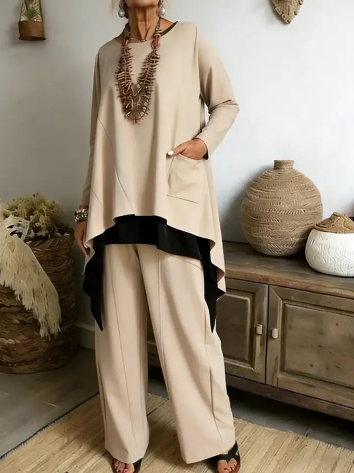Women's Casual Asymmetrical Hem Cotton Top And Pants Two-piece Set