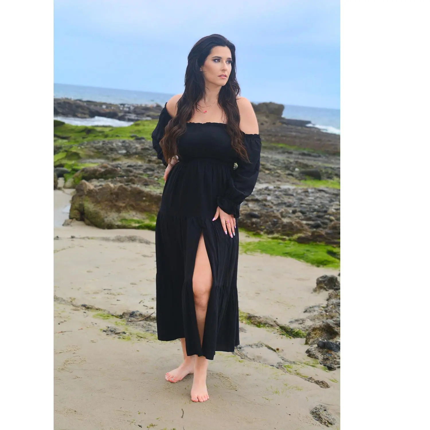 Women's 2025 Boho Sexy Off Shoulder Long Sleeve Smocked High Waist Side Split Flowy A Line Tiered Long Maxi Dress