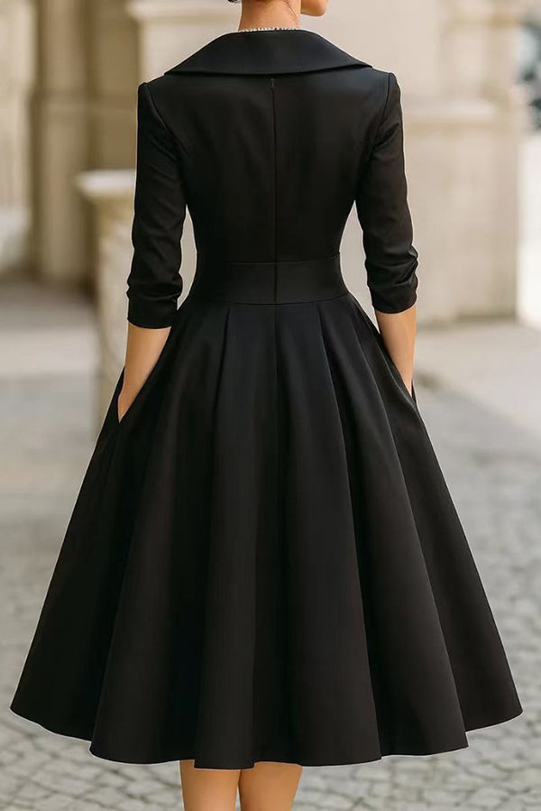 Solid Color Elegant Long Sleeve Waist Pocket Midi Dress(Buy 2 Free Shipping)