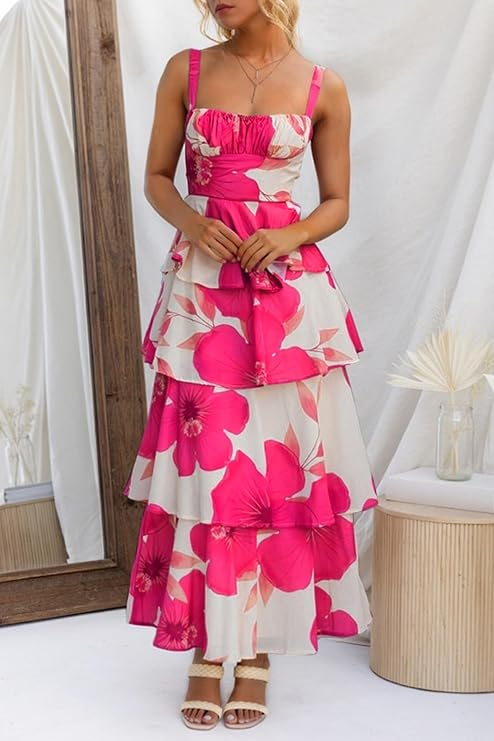 Womens Summer Floral Maxi Dresses Sleeveless Spaghetti Strap Tie Back Ruffle Tiered Flowy Dresses (Buy 2 Free Shipping)