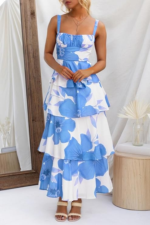 Womens Summer Floral Maxi Dresses Sleeveless Spaghetti Strap Tie Back Ruffle Tiered Flowy Dresses (Buy 2 Free Shipping)