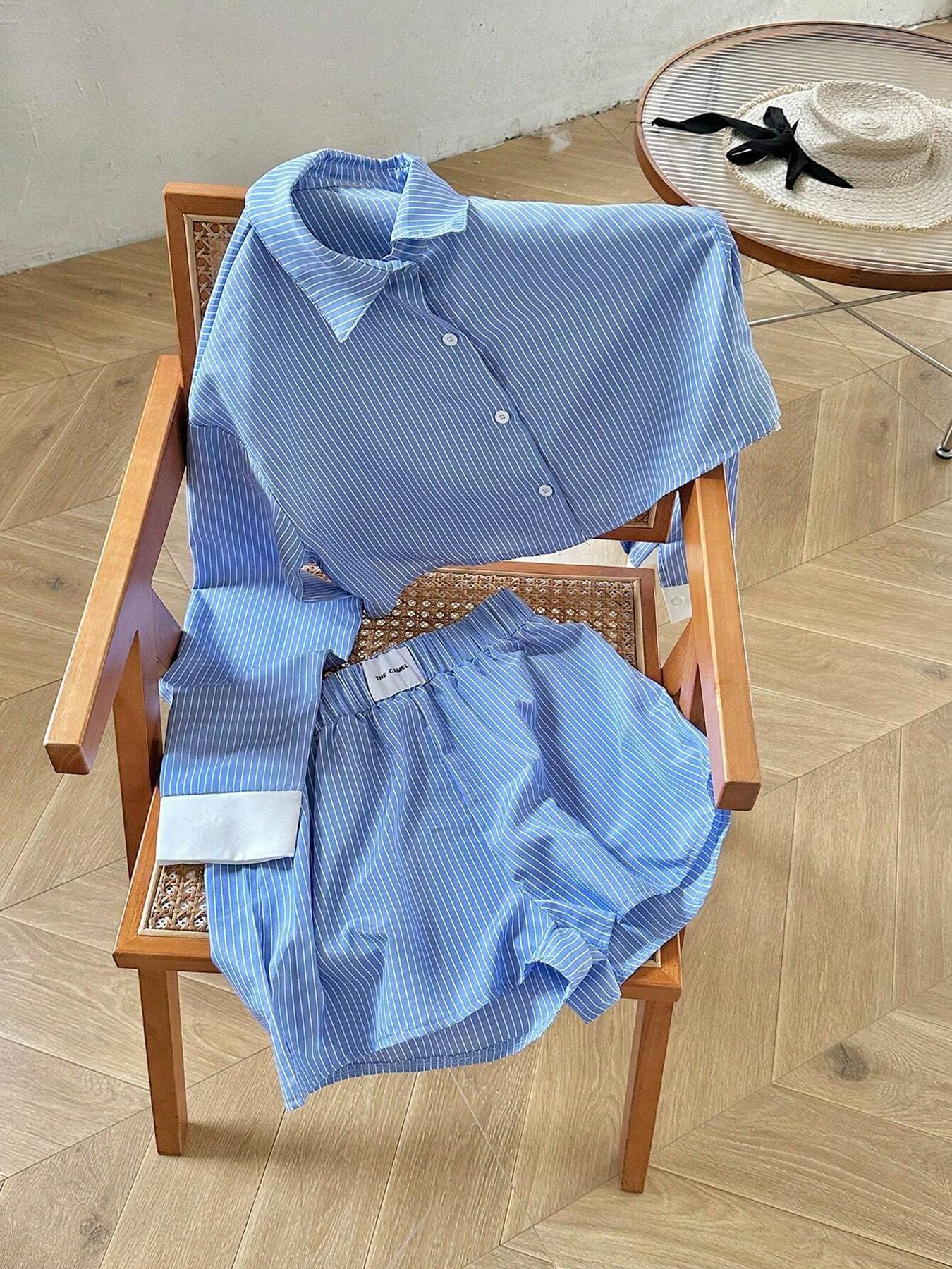 Women's Striped Print Button Front Shirt & Shorts Two-Piece Set  (Buy 2 Free Shipping)