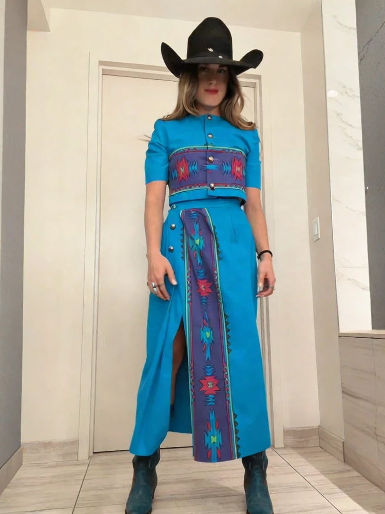 Turquoise Aztec Western Crop Top & Skirt Set