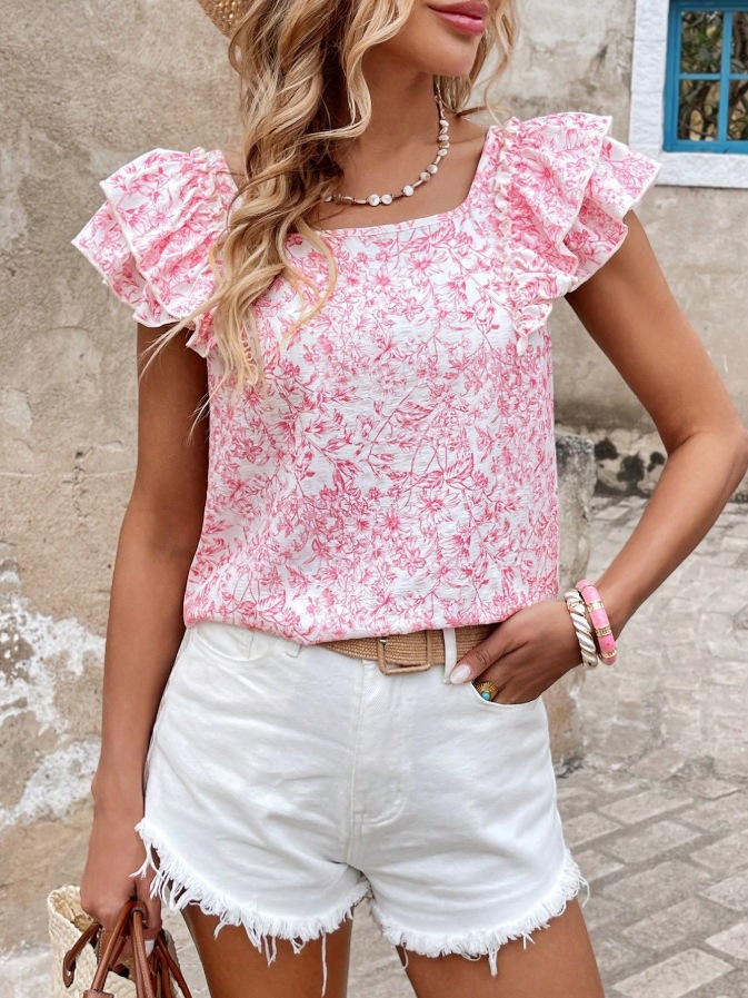 Short-Sleeve Shirt with Double-Layer Ruffles and Bow Accent