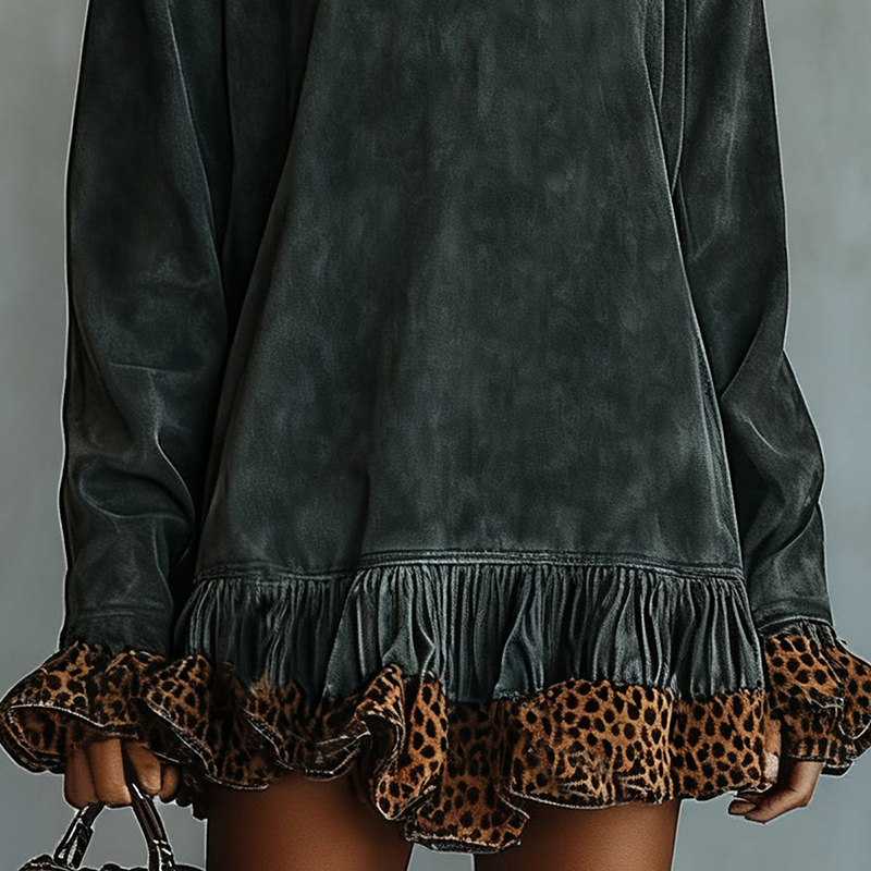 Women's Autumn And Winter Western Retro Suede Fabric Loose Casual Stand Collar Leopard Lace Decorated Dress