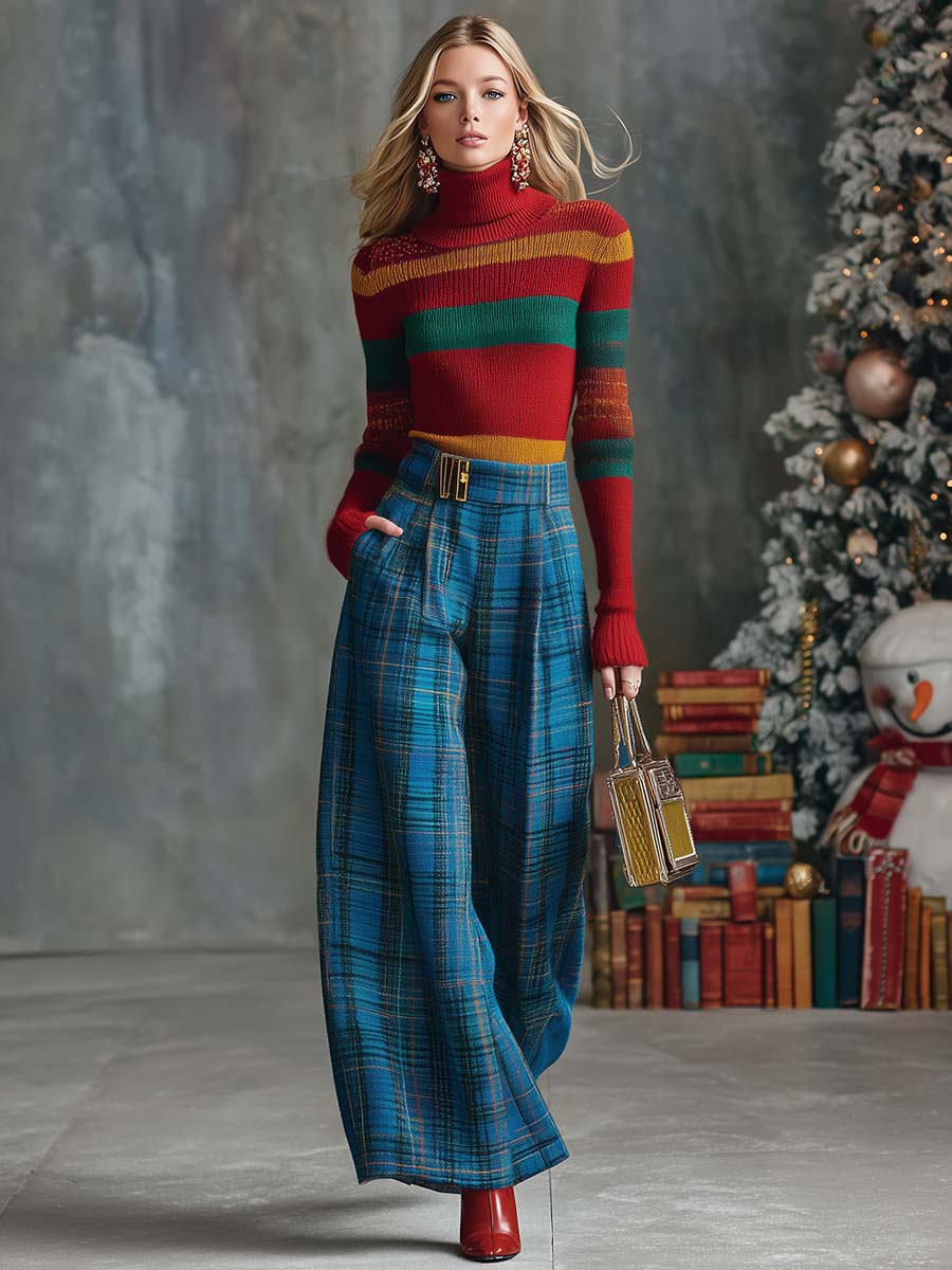 Vintage Fashion Versatile Blue Plaid Wide-leg Pants（Buy 2 Free Shipping)