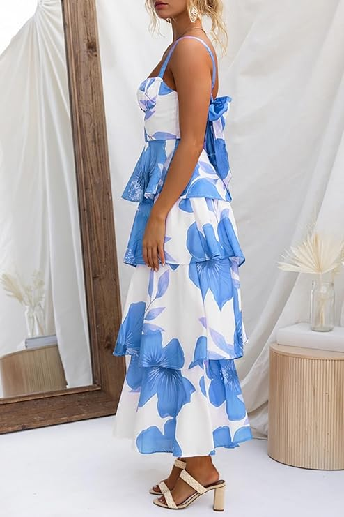 Womens Summer Floral Maxi Dresses Sleeveless Spaghetti Strap Tie Back Ruffle Tiered Flowy Dresses (Buy 2 Free Shipping)