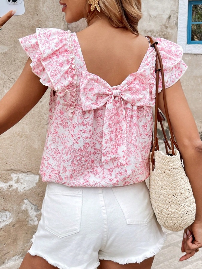 Short-Sleeve Shirt with Double-Layer Ruffles and Bow Accent