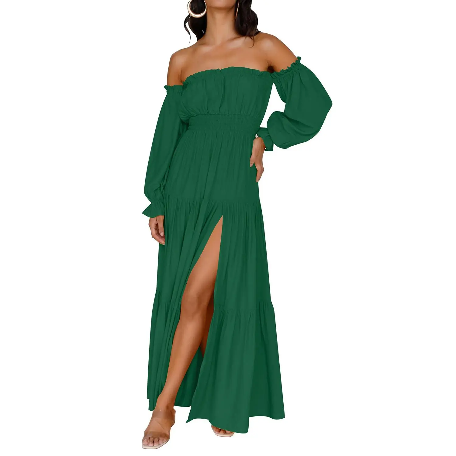 Women's 2025 Boho Sexy Off Shoulder Long Sleeve Smocked High Waist Side Split Flowy A Line Tiered Long Maxi Dress