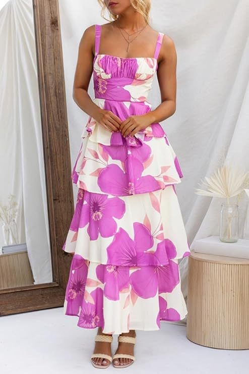 Womens Summer Floral Maxi Dresses Sleeveless Spaghetti Strap Tie Back Ruffle Tiered Flowy Dresses (Buy 2 Free Shipping)