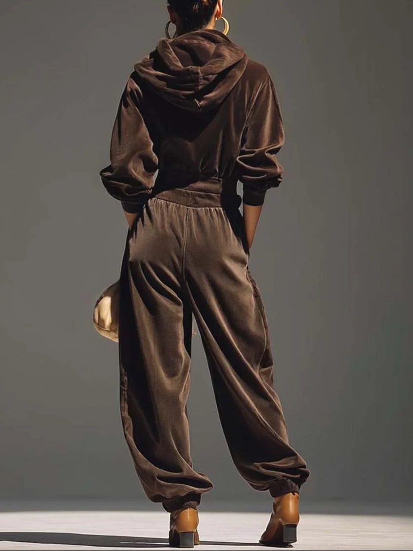 Vintage brown velvet hoodie and loose-fitting trousers set（Buy 2 Free Shipping)