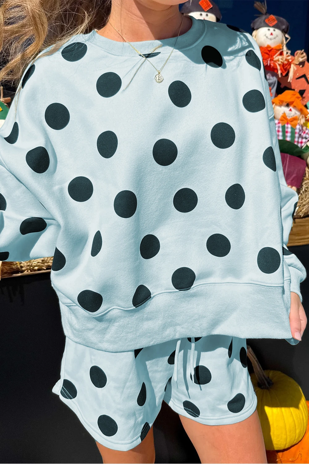 Polka Dot Print Drop Shoulder Pullover Drawstring Shorts Set（Buy 2 Free Shipping)