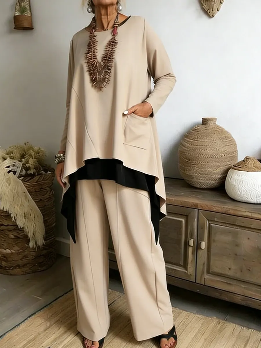 Women's Casual Asymmetrical Hem Cotton Top And Pants Two-piece Set
