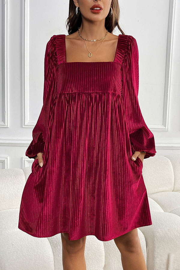 Solid Color Velvet Square Neck Long Sleeve Pocket Casual Mini Dress(Buy 2 Free Shipping)