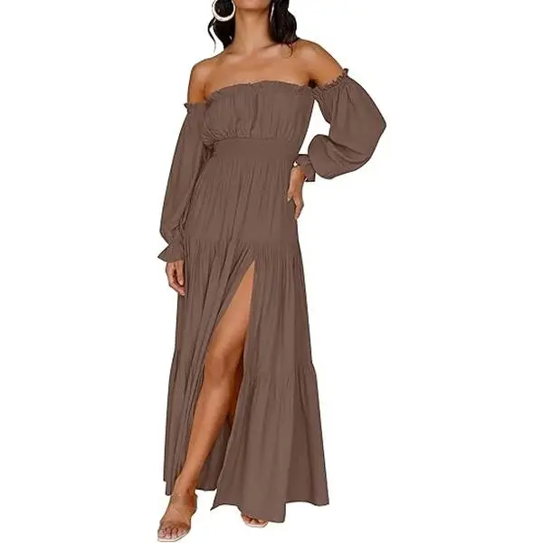 Women's 2025 Boho Sexy Off Shoulder Long Sleeve Smocked High Waist Side Split Flowy A Line Tiered Long Maxi Dress