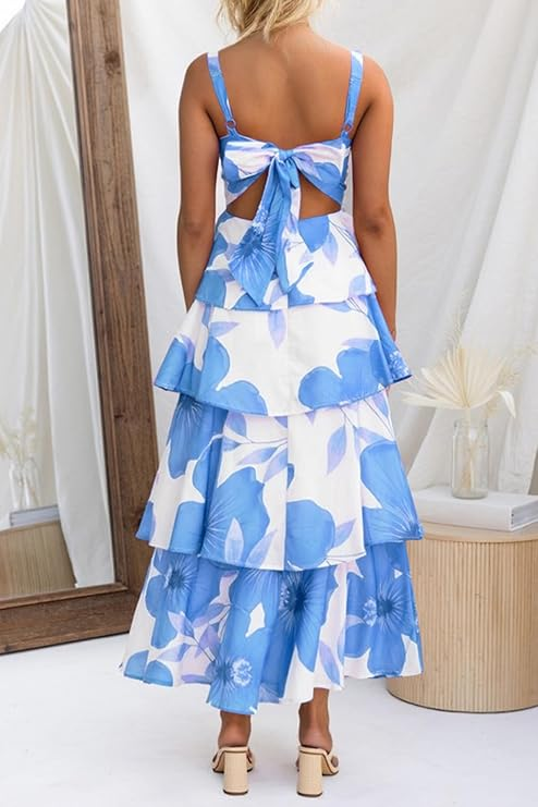Womens Summer Floral Maxi Dresses Sleeveless Spaghetti Strap Tie Back Ruffle Tiered Flowy Dresses (Buy 2 Free Shipping)