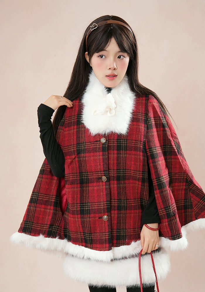 Merry Plaid Mini Dress & Capelet Set (Red)