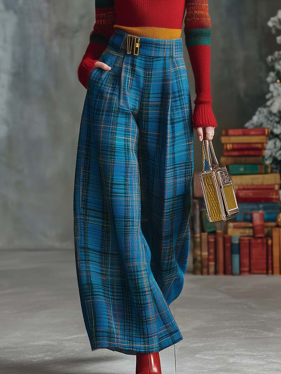 Vintage Fashion Versatile Blue Plaid Wide-leg Pants（Buy 2 Free Shipping)
