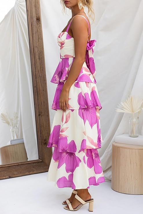 Womens Summer Floral Maxi Dresses Sleeveless Spaghetti Strap Tie Back Ruffle Tiered Flowy Dresses (Buy 2 Free Shipping)